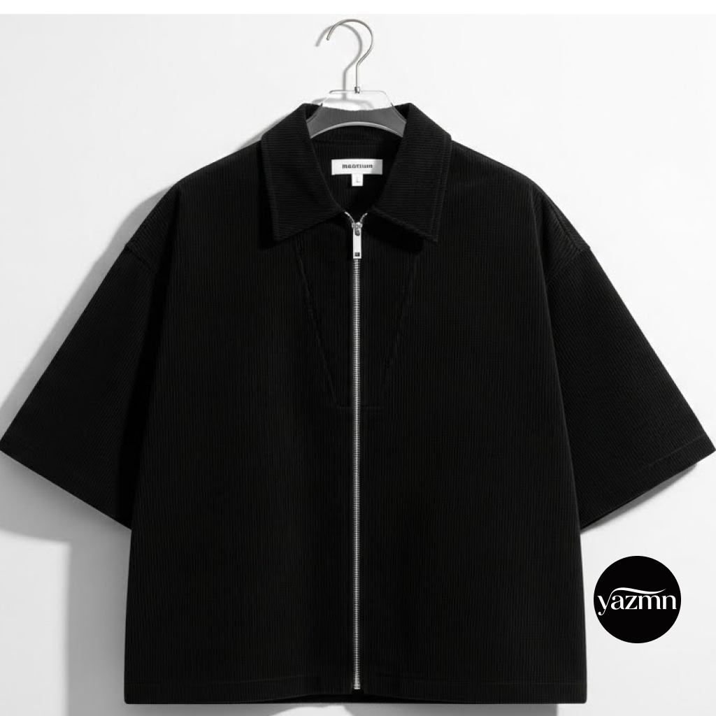 Black YAZMN boxy corduroy workshirt on hanger