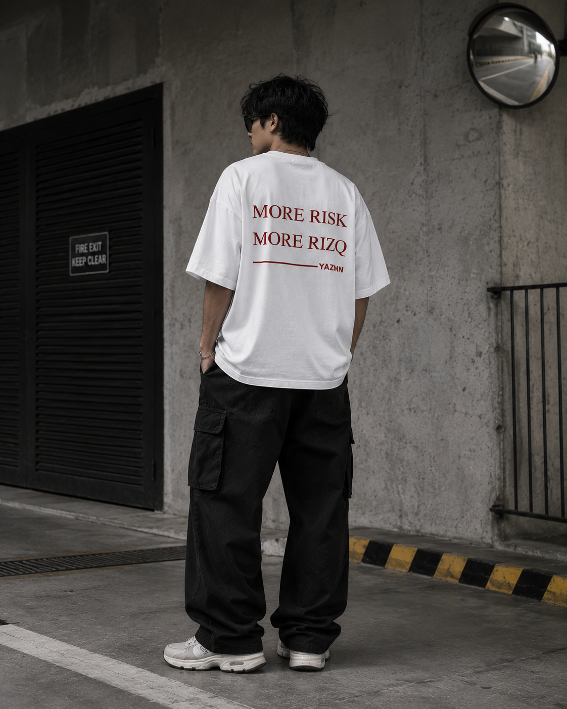 YAZMN More Risk tee worn by male model